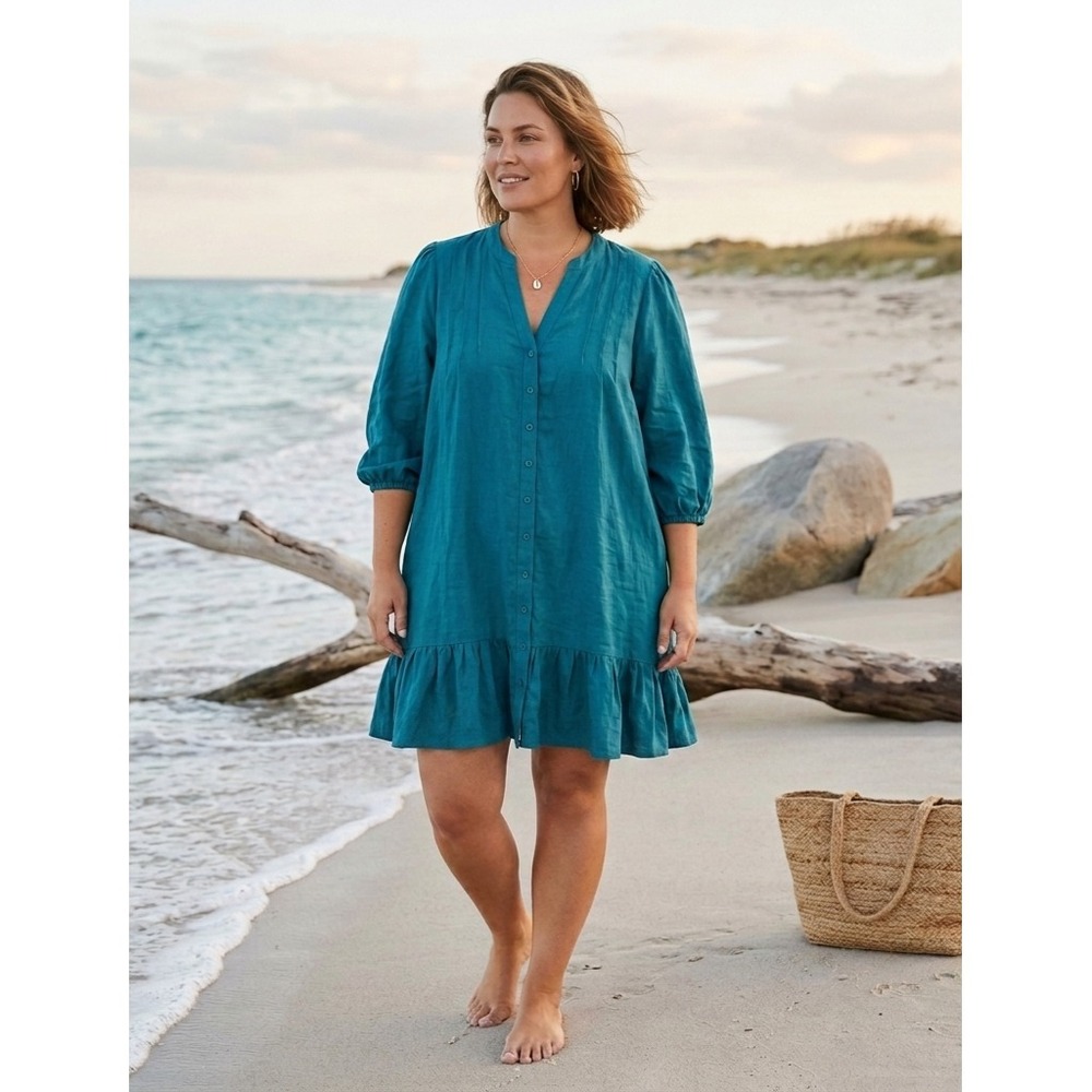 Torrid Mini Rayon Slub 3/4 Sleeve Trapeze Pleat Dress Womens 1X Button Front NEW